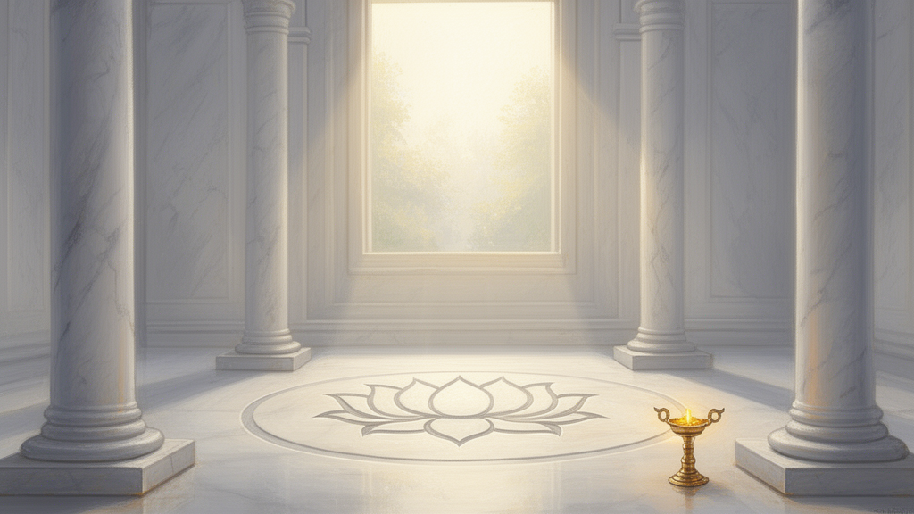 Quiet Jain meditation hall with white marble pillars, a carved lotus on the floor, and an oil lamp in soft light.