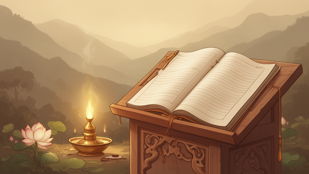 Open palm-leaf manuscripts on a wooden lectern beside a brass oil lamp and a lotus, suggesting the study of philosophical texts.