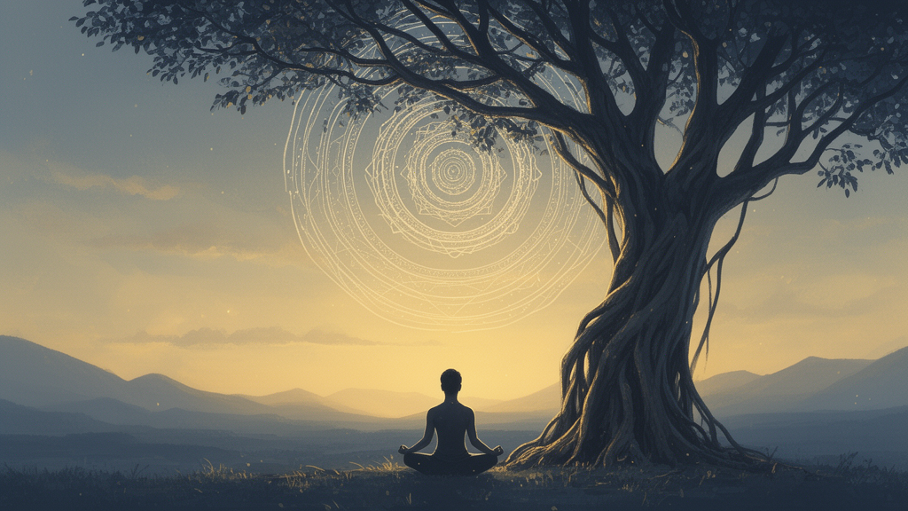 A seated meditator under a banyan tree at dawn with a faint mandala in the sky, suggesting contemplation of layers of reality.