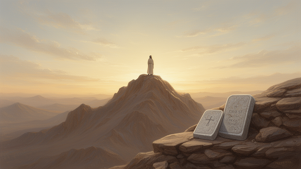 Illustration of Mount Sinai at dawn with a prophet standing at the summit beside two plain stone tablets, representing the Islamic belief that the Tawrat was revealed to Musa.
