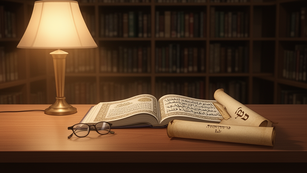 A study table with an open Arabic manuscript and a Hebrew scroll side by side under warm lamplight, illustrating the comparative study of the Tawrat and the Torah.