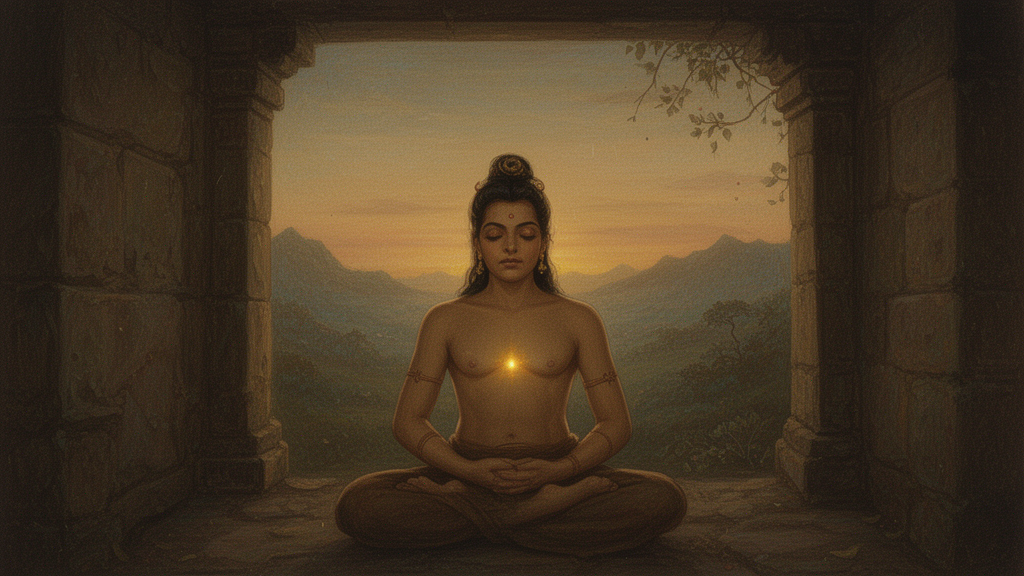 A seated meditator in a quiet stone hermitage at dawn, with a small point of golden light at the chest, illustrating inner meditation in Upanishadic practice.