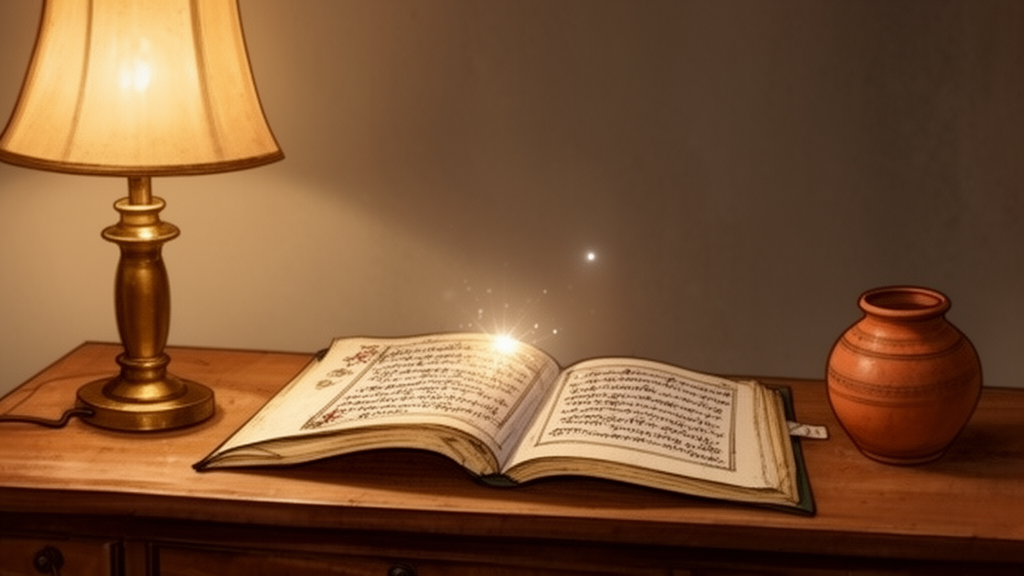 An open palm-leaf manuscript on a wooden desk beside a lamp, with a faint glow above the page, suggesting the study and contemplation of Upanishadic texts.
