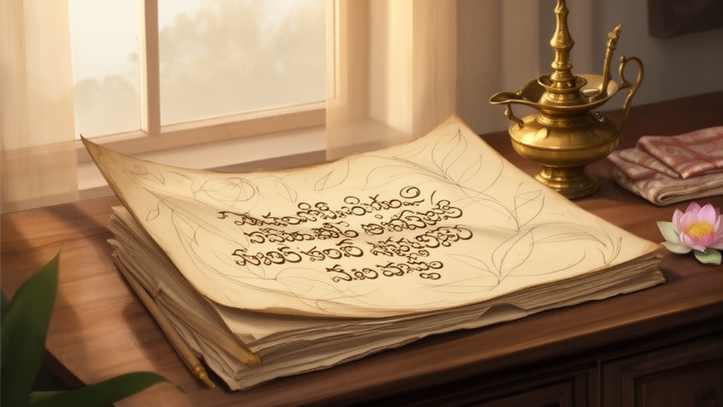 Open manuscript on a wooden desk beside a brass lamp and a lotus flower, suggesting the study of a sutra text in a traditional setting.