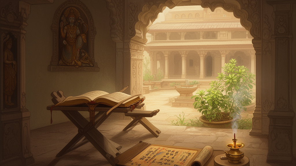 A quiet study room with a bound book on a reading stand, a brass lamp, and a tulsi plant visible through a courtyard doorway, suggesting devotional study of sutra literature.