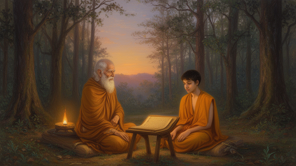 Illustration of a teacher and a seeker sitting together in a forest hermitage at dawn, with a palm-leaf manuscript on a wooden stand.