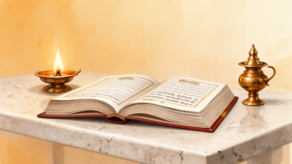 Illustration of an open book beside a lamp and a brass pot on a stone table in a quiet study setting.