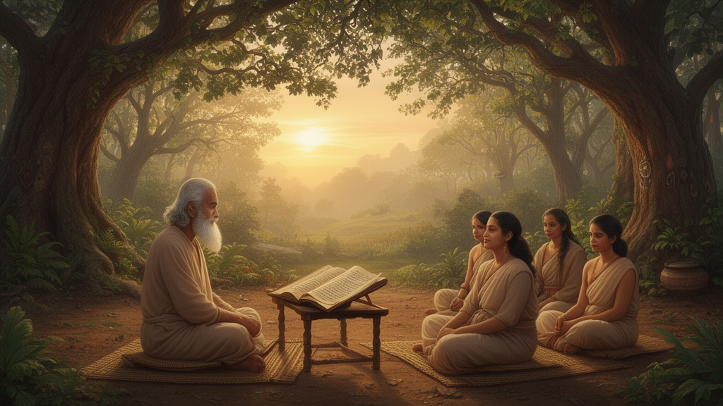 A teacher and students sit on mats in a quiet forest hermitage at dawn, with an open palm-leaf manuscript on a low stand, illustrating the oral and teacher-student setting associated with the Upanishads.