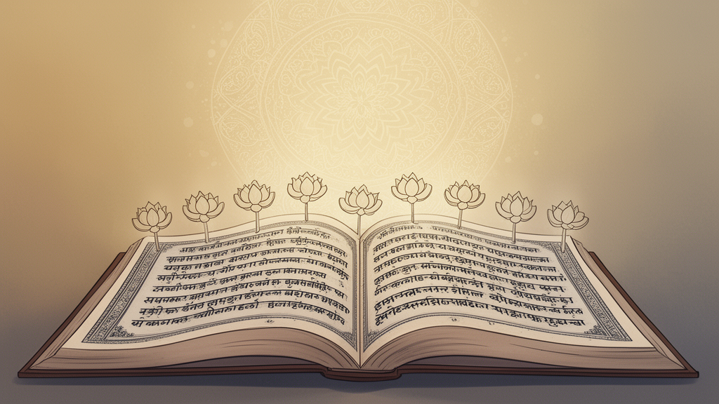 An open Sanskrit manuscript with ten small lotus-shaped bookmarks arranged in an arc, with a faint mandala above the pages, representing the traditional group of ten principal Upanishads.