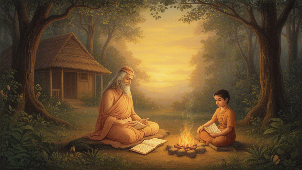 Illustration of a sage and a young student seated outdoors near a fire and palm-leaf manuscripts at dawn, representing a traditional teacher and disciple setting for Upanishadic study.