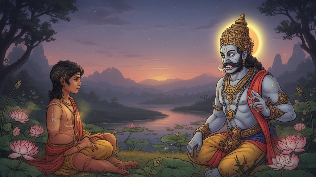 Illustration of a young seeker in conversation with Yama, the lord of death, in a quiet twilight landscape, depicting the dialogue in the Katha Upanishad.