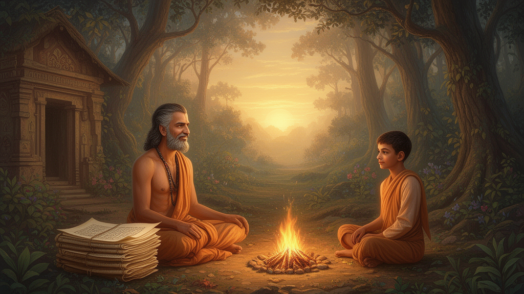 A teacher and student sit near a small sacred fire in a forest hermitage at dawn, with palm-leaf manuscripts nearby, illustrating the traditional setting of Upanishadic teaching.