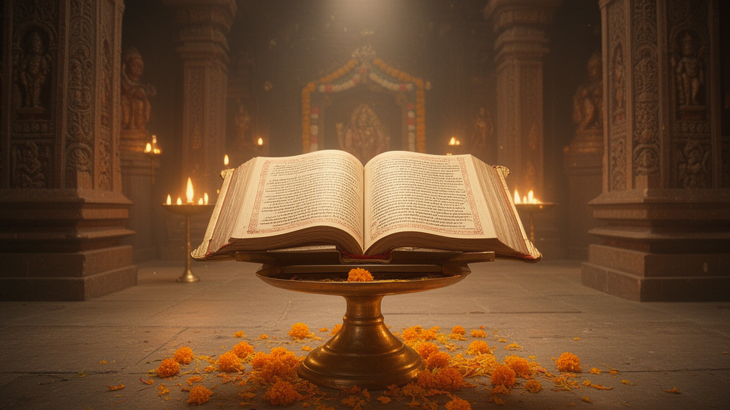 An open manuscript on a brass stand in a dim temple hall, lit by a small oil lamp and scattered marigold petals, illustrating a devotional reading setting.