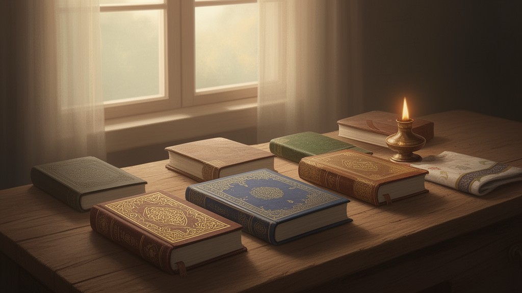 Several closed, unlabeled sacred books of different traditions on a wooden table beside a window, with a small oil lamp and folded cloth, illustrating the comparison of holy texts.