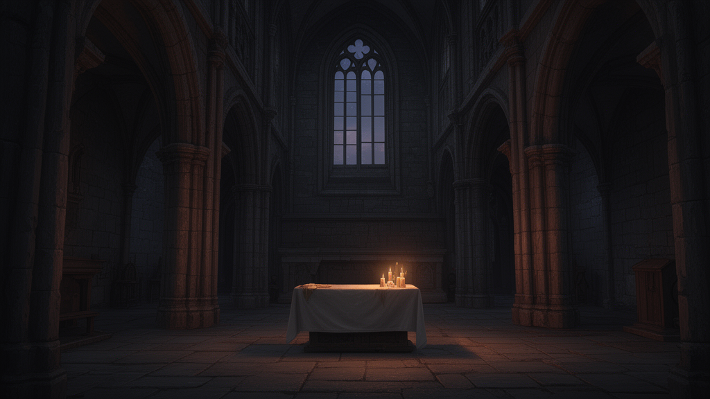 An empty stone cathedral interior at dusk with a folded linen cloth on an altar, lit by candles.