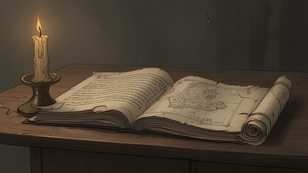 An open old book on a wooden desk beside a candle and a rolled map.