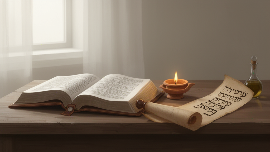 A study table with an open Bible, a Hebrew scroll, and an oil lamp in soft morning light, representing the study of scripture on the Holy Spirit.