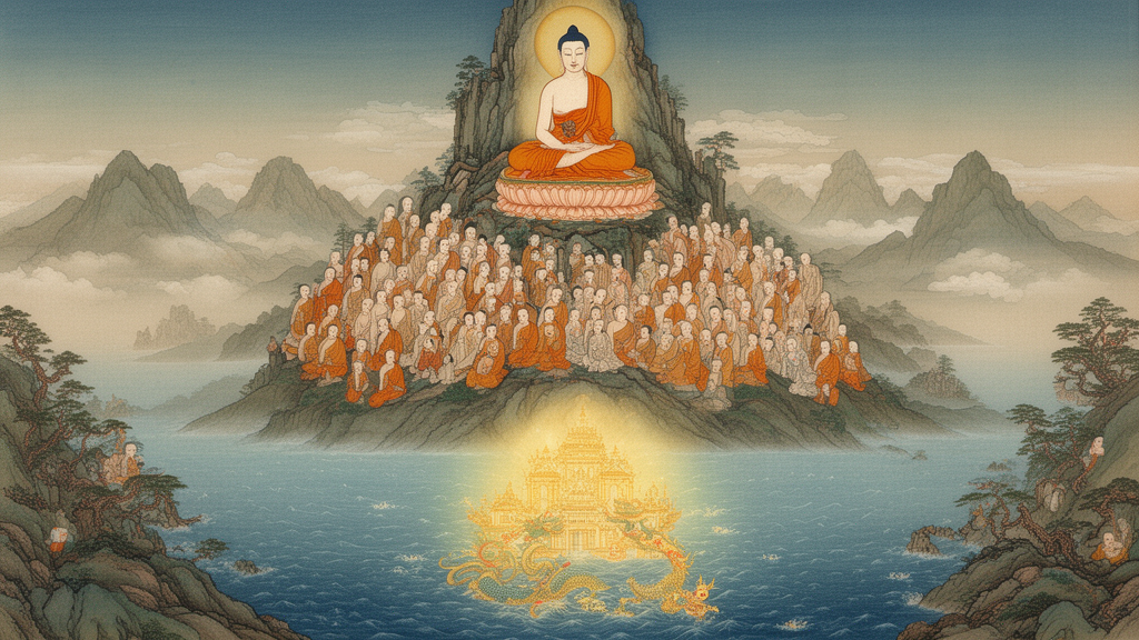 Traditional-style painting of the Buddha on a mountain peak with monks, and below it a glowing dragon palace under calm ocean water.