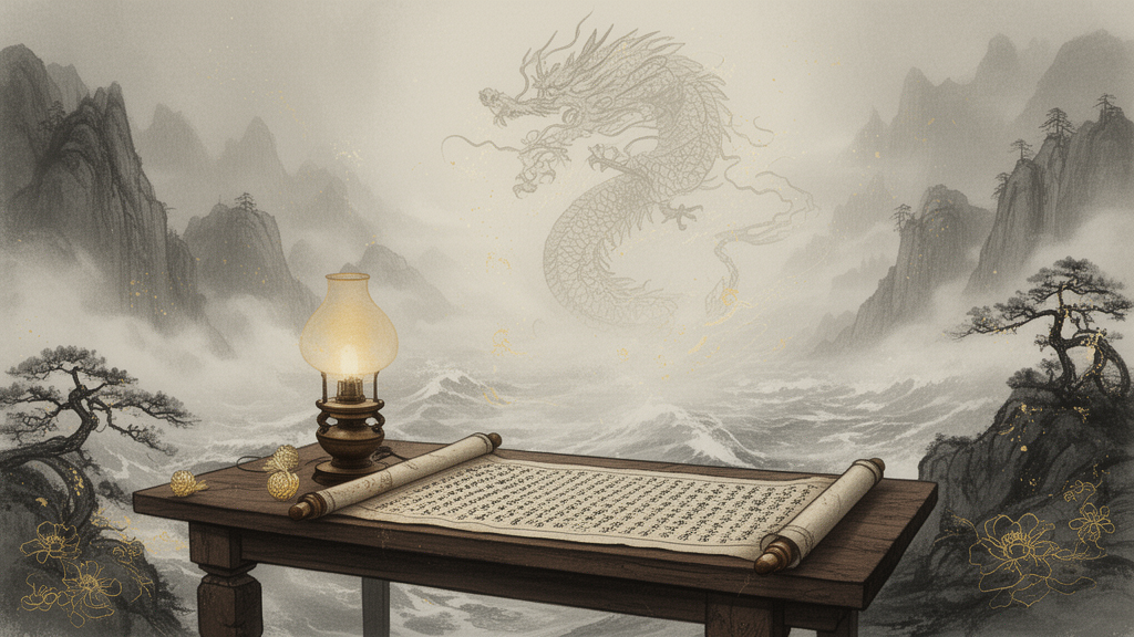 Open sutra scroll and lamp on a wooden table with a faint dragon shape rising through sea mist behind them.
