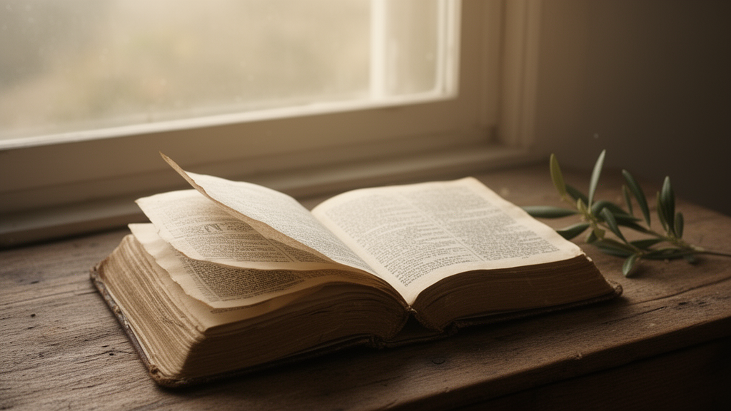 An open old devotional book on a wooden table by a window, with light and a breeze lifting its pages, representing reflective reading about the Holy Spirit.