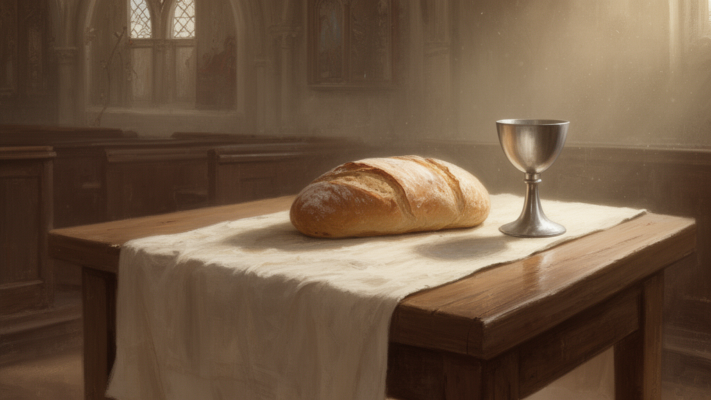 A plain wooden table in a quiet church with bread on a linen cloth and a silver chalice beside it, lit by soft window light.