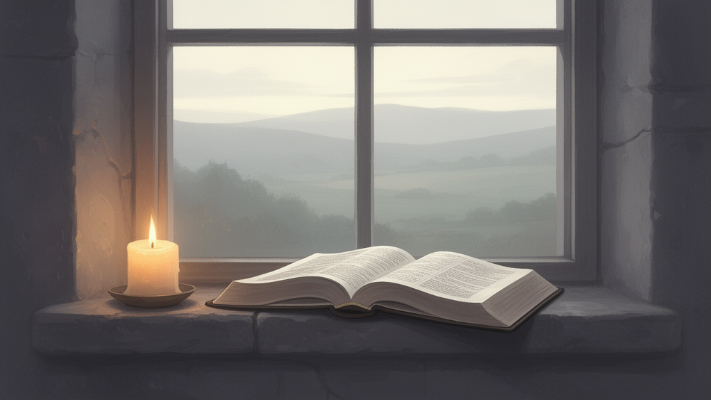 An open Bible and a lit candle on a stone windowsill, with hills visible through the window in the morning light.