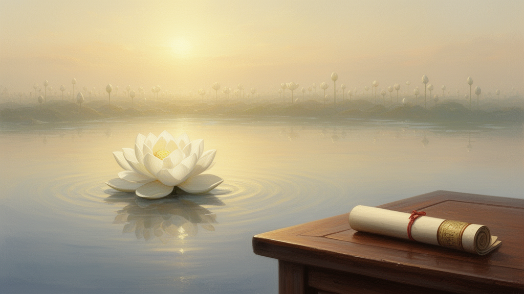 A single white lotus blossom floating on calm water at dawn, with soft light and a few buds in the background.