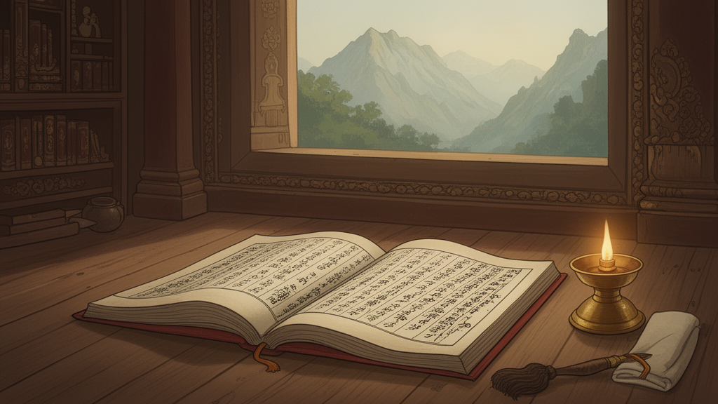 An open manuscript on a wooden table in a quiet temple reading room, lit by a small brass lamp beside a window.