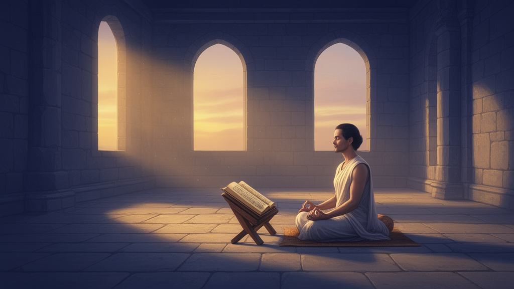 A seated meditator in a quiet stone hall at dawn beside an open, blank manuscript on a wooden stand, illustrating a contemplative reading of Buddhist scripture.