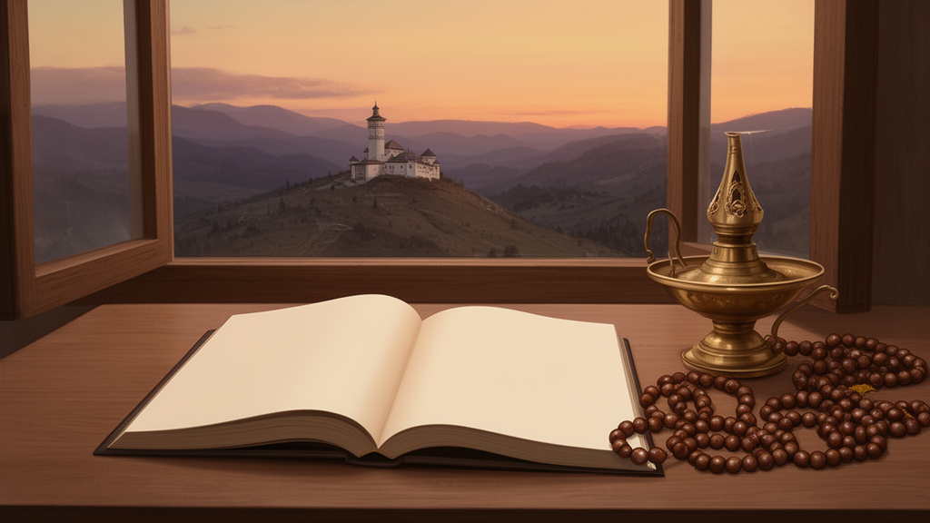 A blank open book, brass lamp, and prayer bead mala on a table by a window looking toward a hillside monastery at dusk, suggesting quiet study and reflection.