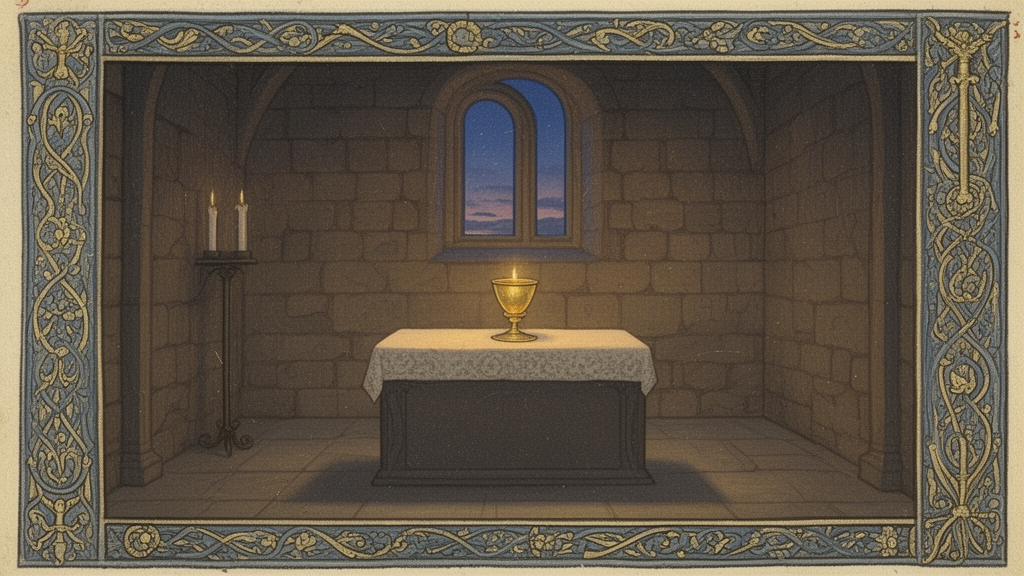 A golden cup on a linen altar cloth inside a dim stone chapel, lit by candles, in a reverent medieval-style illustration.