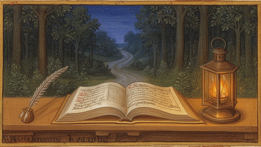 An open illustrated manuscript on a wooden desk beside a quill and a lantern, with a twilight forest visible through a window.
