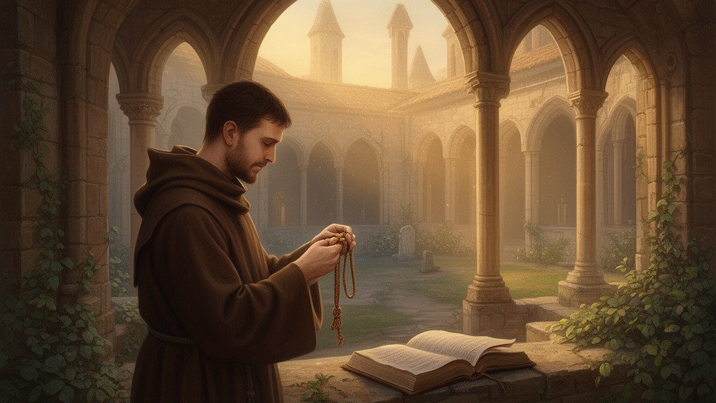 Illustration of a monk in a plain habit counting a knotted prayer cord in a stone cloister at dawn, reflecting early Christian monastic bead-counting.