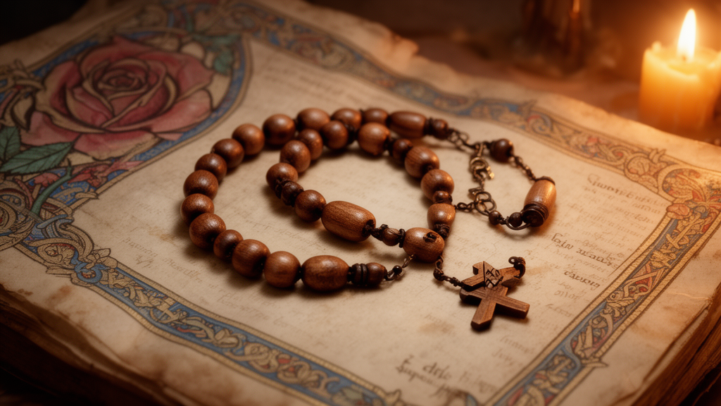 Illustration of a wooden rosary with a crucifix resting on an illuminated manuscript page, with a rose motif in the background.