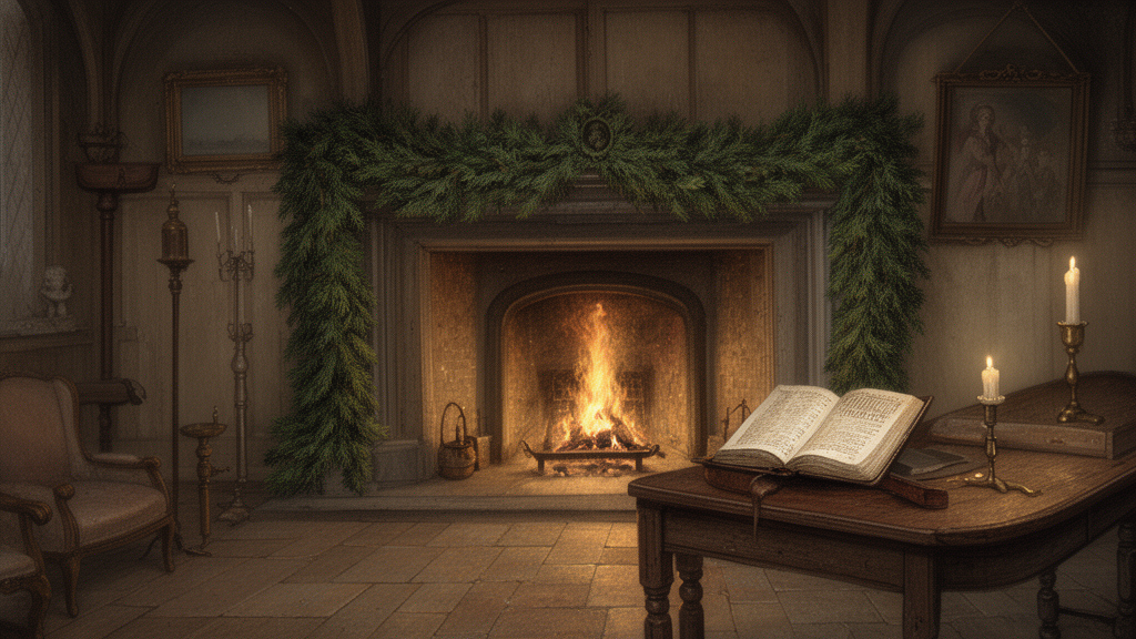 Illustration of a warm 19th-century room with evergreen decorations, a fireplace, and an open old book on a table, suggesting the customs described in Thomas K. Hervey's The Book of Christmas.