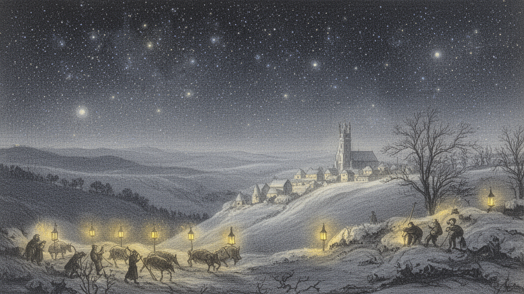 Illustration of a winter hillside at night with shepherds' lanterns and a distant church, representing the Nativity story in the Christian Gospels that underlies the Christmas festival.