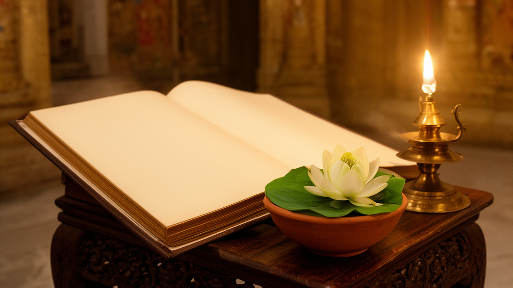 An open, blank-paged book on a wooden stand beside a lit brass oil lamp and a lotus in a clay bowl, in warm quiet light.