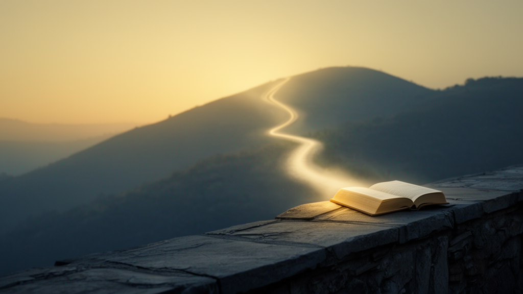 A closed book on a stone ledge with soft light rising along a path toward a dawn hillside, suggesting a symbolic journey.