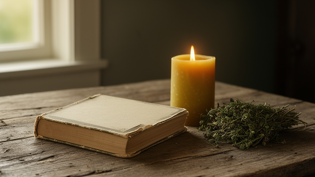 An old paperback book on a wooden table beside a lit candle and dried herbs, with soft window light and a quiet, reflective atmosphere.