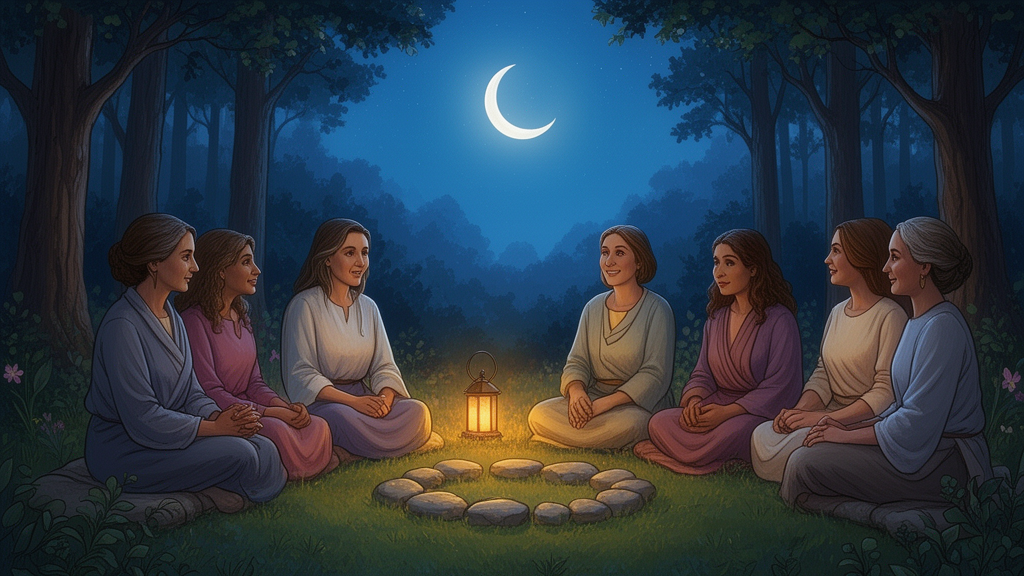 A small group of women sitting in a forest clearing at dusk around a circle of stones, with a crescent moon above the trees.