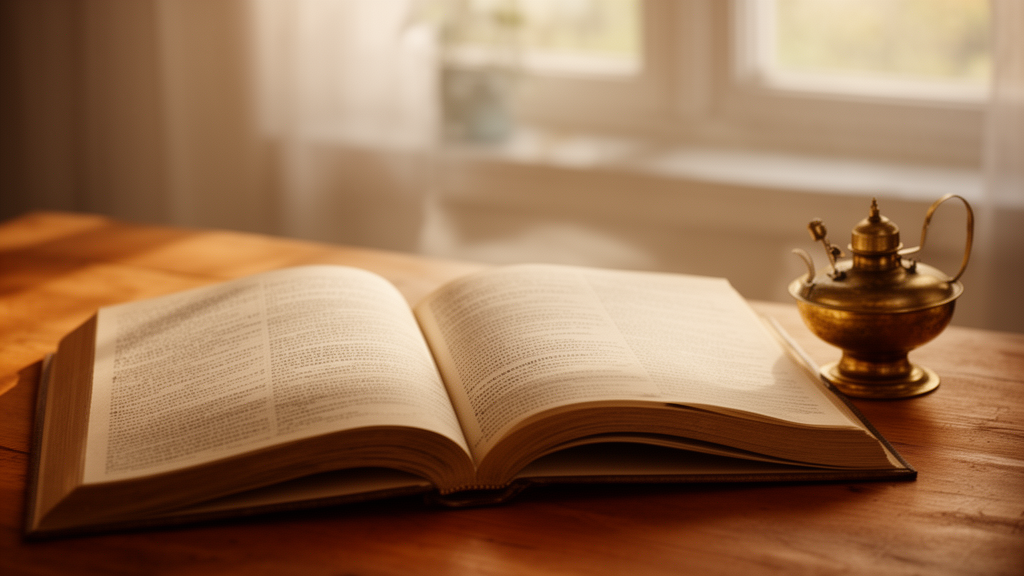 An open book on a wooden table beside a small brass lamp in soft morning light, suggesting quiet study.