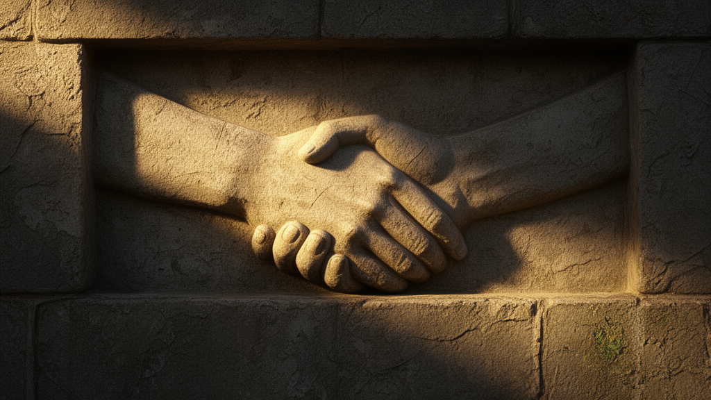 A carved stone relief of two hands clasped in a handshake, lit by low sunlight to show its texture.