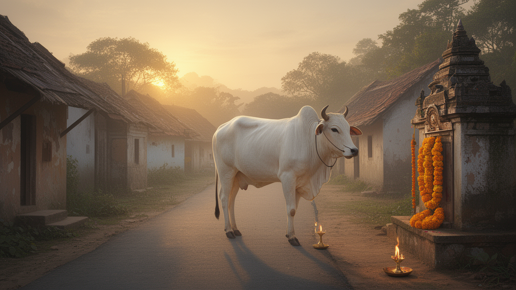 A white cow standing on a village road at dawn beside a small roadside shrine with a brass lamp and marigold garland.