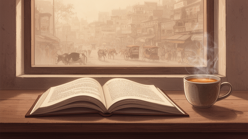 An open book on a wooden desk beside a cup of tea, with a blurred Indian city street visible through a window.