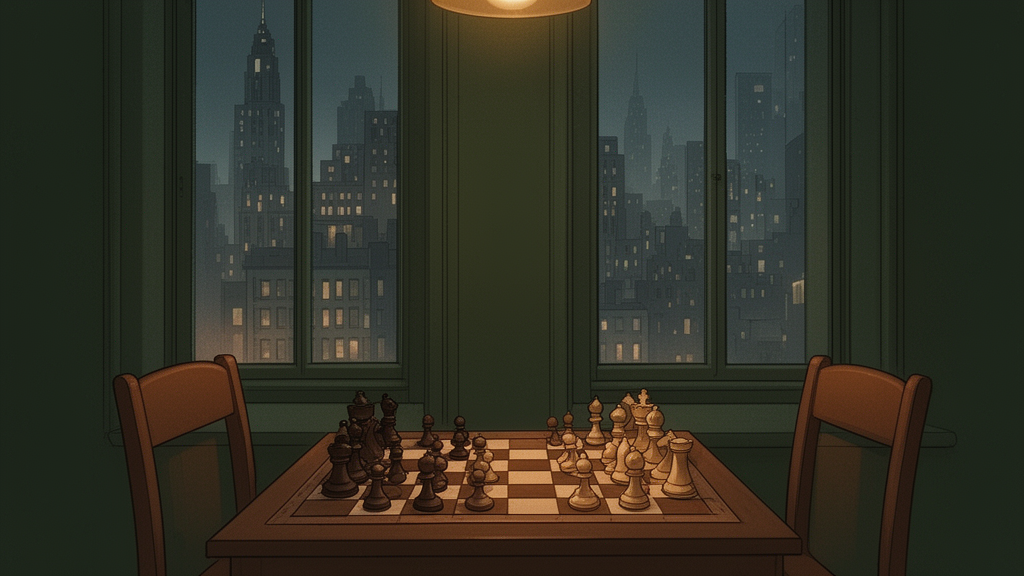 An empty wooden chessboard in a dim chess room with two chairs facing each other and evening city lights in the windows.