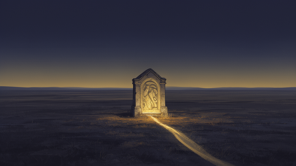 A small, abstract weathered stone shrine on a flat landscape at dusk, with a thin path of light leading toward it.