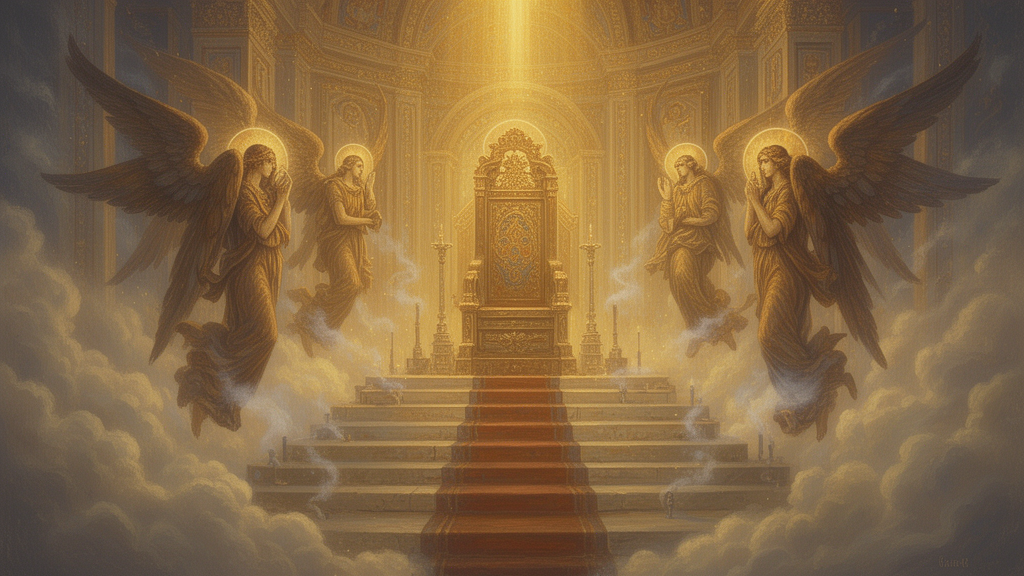 Golden throne room with a central throne and six-winged seraphim, two wings covering their faces and two covering their feet, illustrating the reverent vision of God's holiness in Isaiah 6.