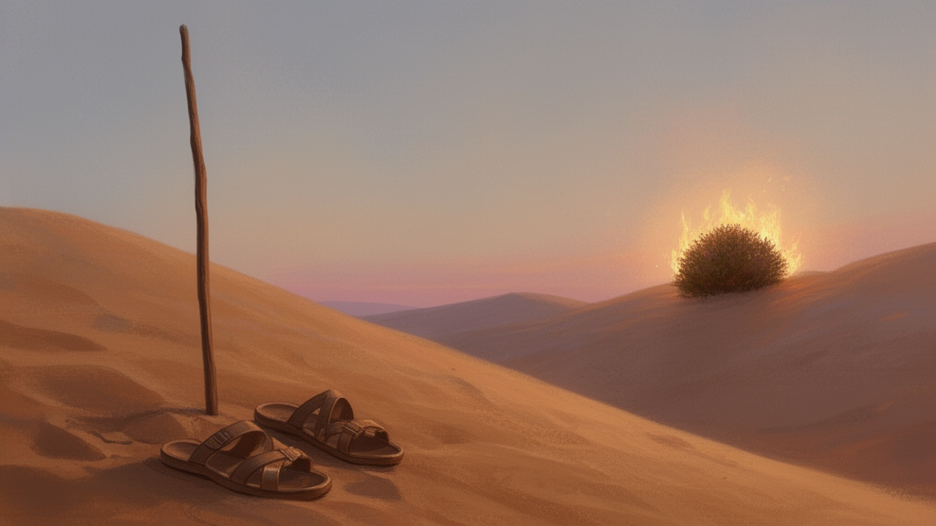 A pair of sandals and a wooden staff set on sand at dawn, with a distant glowing bush, illustrating the idea of holy ground in the Moses narrative of Exodus 3.