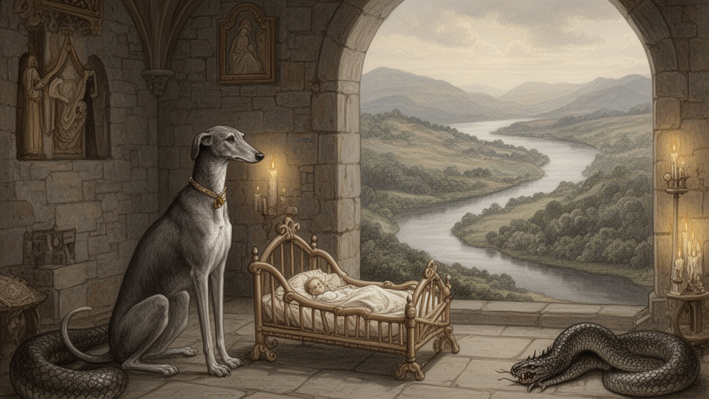 Illustration of a grey greyhound sitting beside an infant's cradle in a medieval castle nursery, with a dead snake nearby and candlelight in the room.