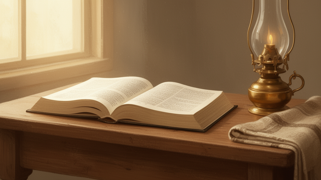 An open book with plain binding rests on a wooden table beside a brass oil lamp and folded cloth in warm window light, suggesting quiet study of a scripture.